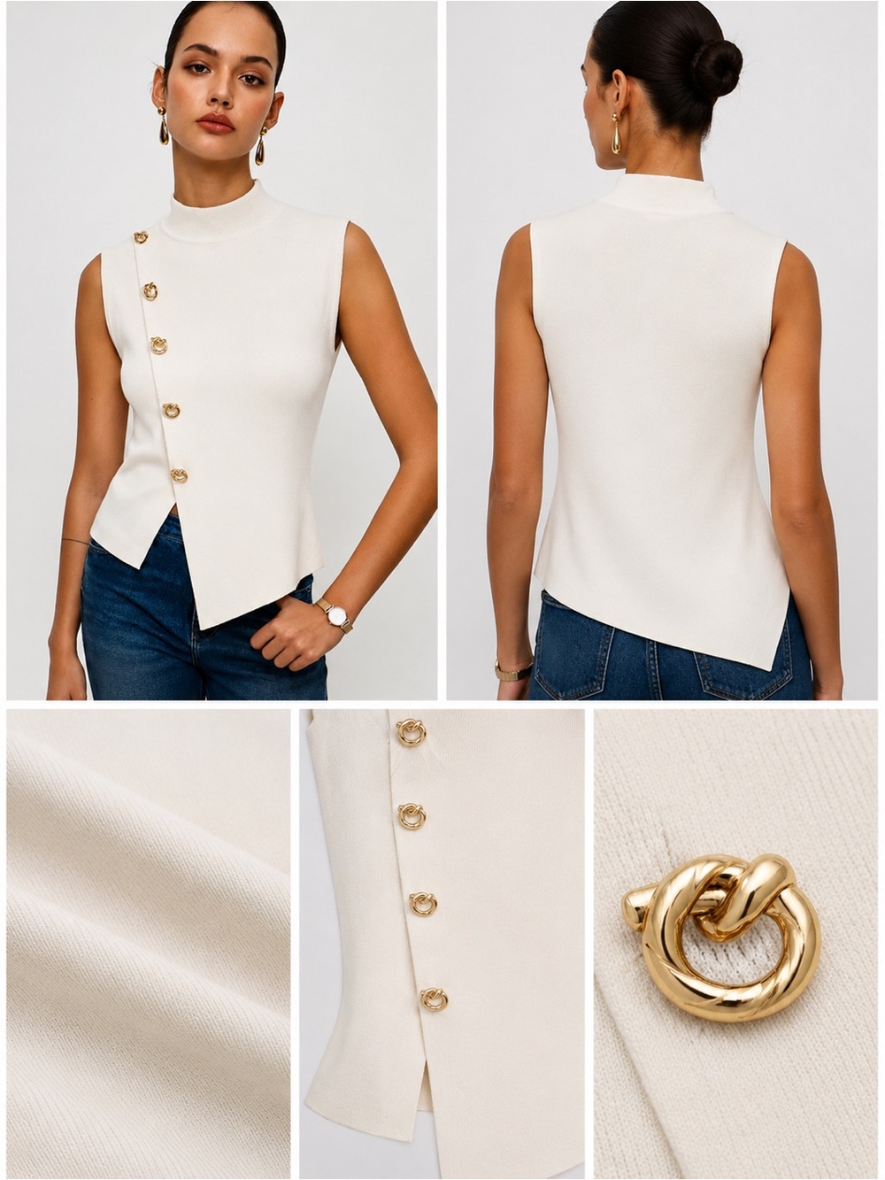 New with Tag! Commense Mock Neck Gold-Button Knit Top - Cream sz L